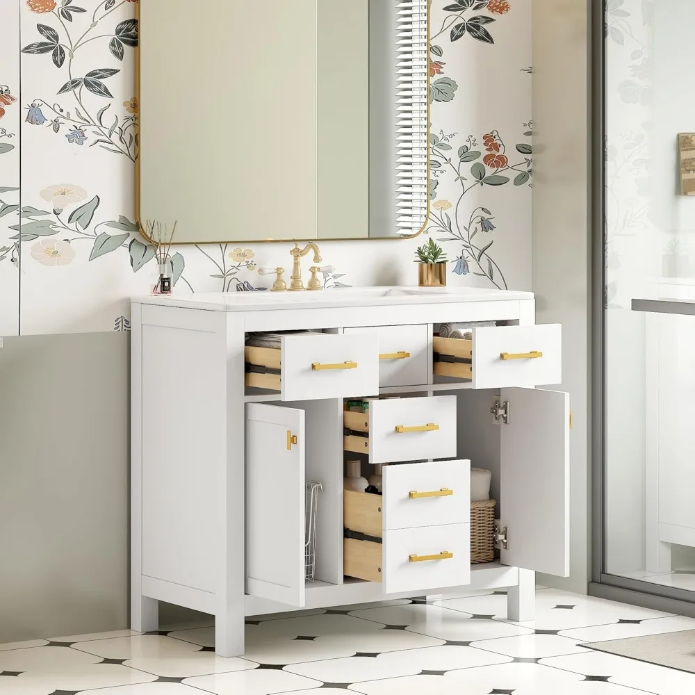 36" Bathroom Vanities with Single Sink Set, Bathroom Storage Cabinet with 4 Drawers and 2 Soft Closing Doors, Solid Wood Frame B