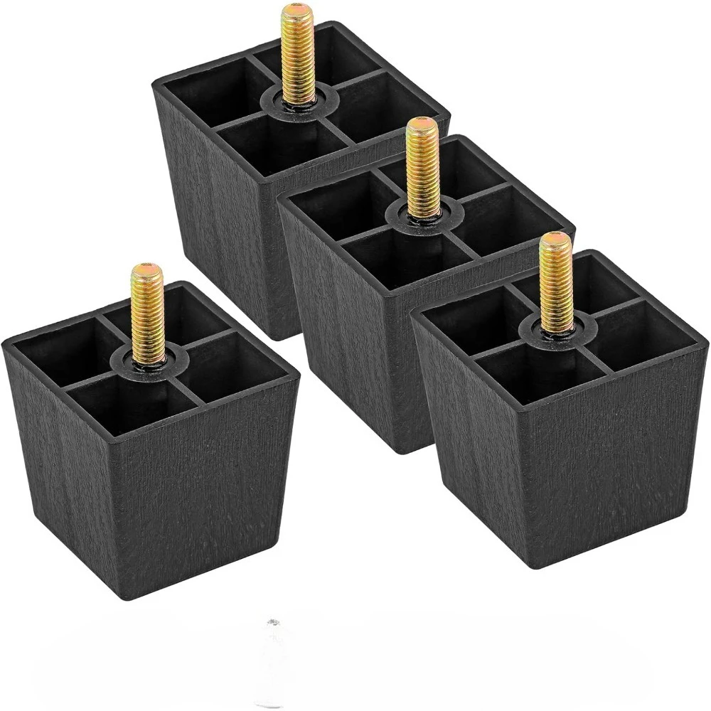 Thread Bolts Plastic Furniture Legs Black Square Sofa Feet with T-Nuts - Couch Feet Replacement - Couch Legs Set of 4
