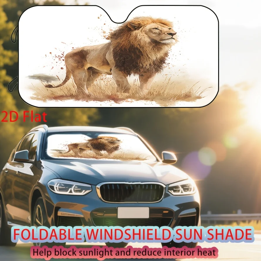 Watercolor Wind African Grassland Lion Car Windshield Sun Visor, Foldable UV Protection Visor, Heat Insulation And Cooling, Suit