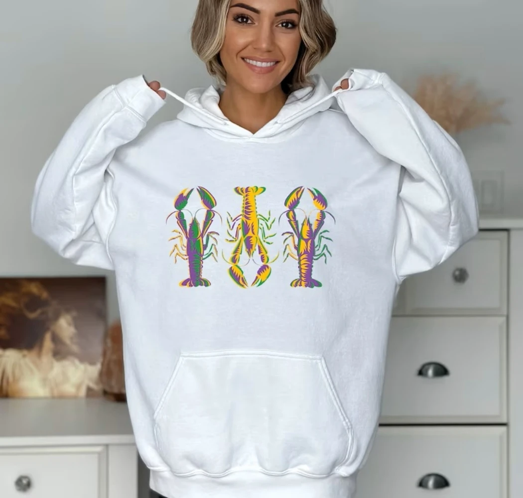 

New Orleans Sweatshirt Kawaii Cute Funny Crawfish Hoodie Fat Tuesday Mardi Pullover Top Crayfish Cook Out Costume Party Shirt