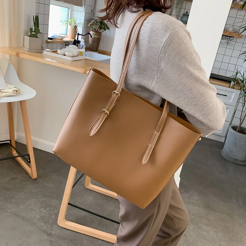 PU Tote Bag Girl 2022 New Double Root Coffee PU Large Capacity  Portable Solid Color Mother Bag Sac A Main Femme