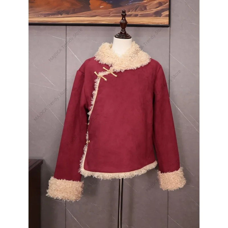 Women's Winter Thicken Fleece Lined Tibetan Style Short Jacket Retro Chinese Frog Button Coat Padded Ethnic Outerwear