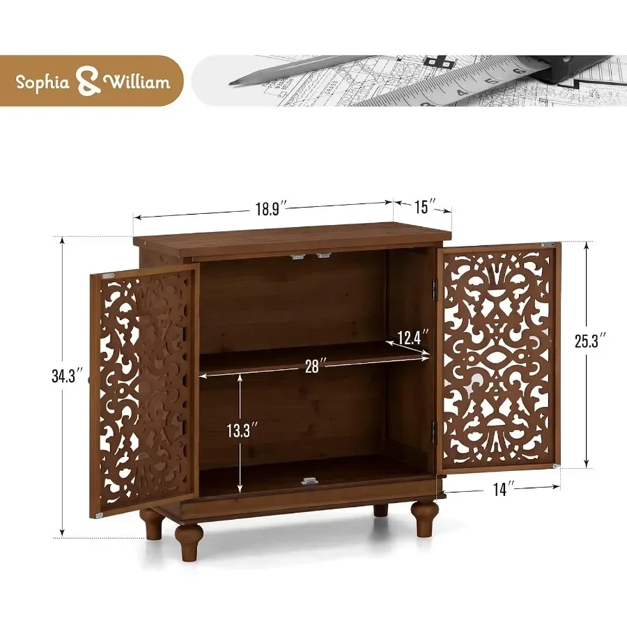 Entryway buffet cabinet with storage for home use, brown MDF wood, elegant brown finish, spacious shelving and concealed compar