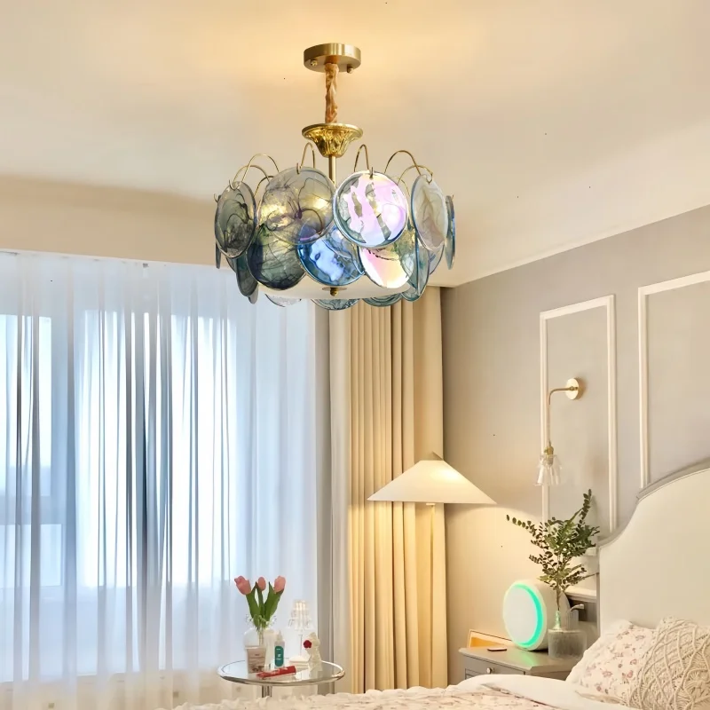 مورانو الوردي الزجاج الثريات جولة الملونة ثريا تركب بالسقف الفرنسية الفاخرة بريق قلادة ضوء لغرفة المعيشة غرفة نوم فيلا #3