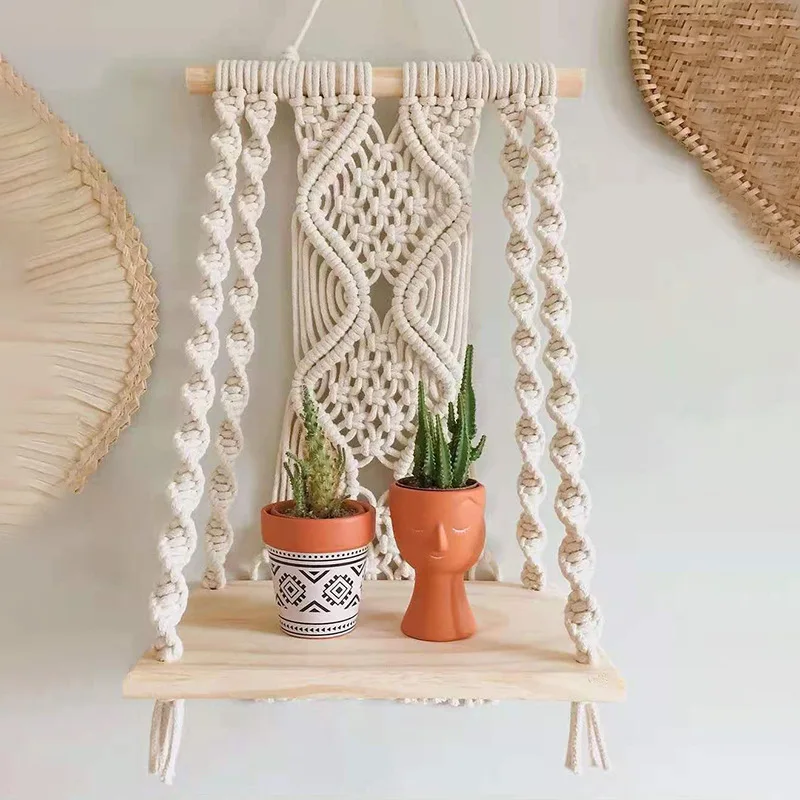 

Macrame Wall Hanging Shelf with Wooden Plank Simple Life Handmade Woven Cotton Rope Boho Decor for Home Storage and Decoration