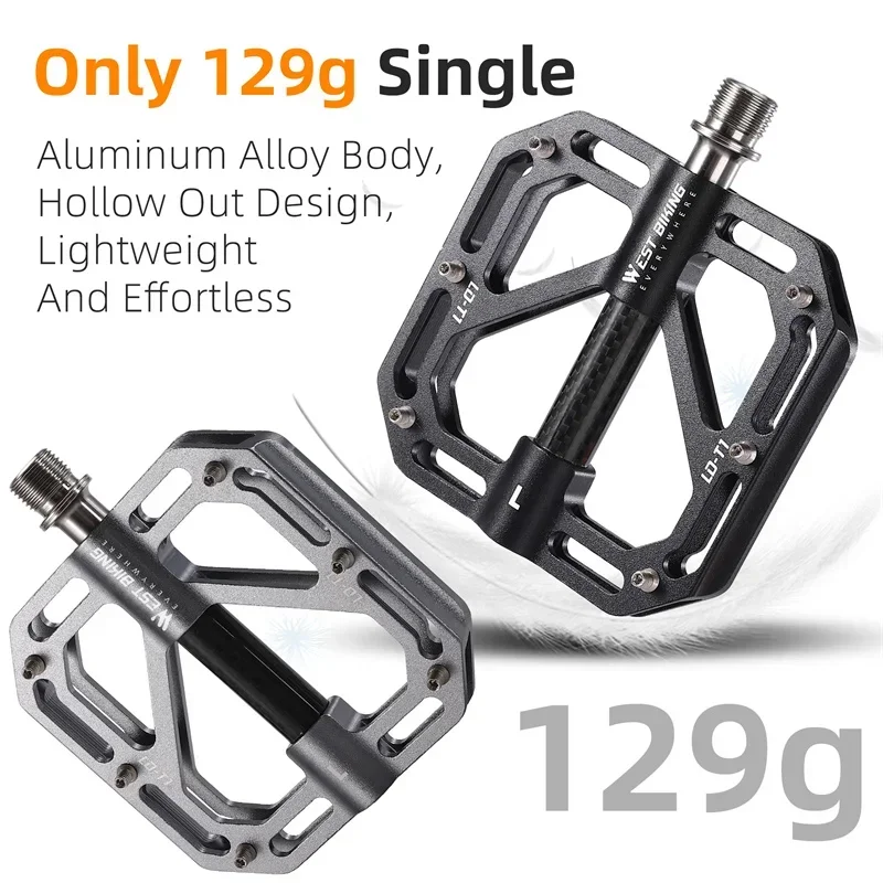 WEST BIKING Ultralight MTB Pedals 3 Bearings Bicycle Titanium Alloy Axle Flat Pedals Carbon Fiber Sleeve Road Bike Pedals LD-T1