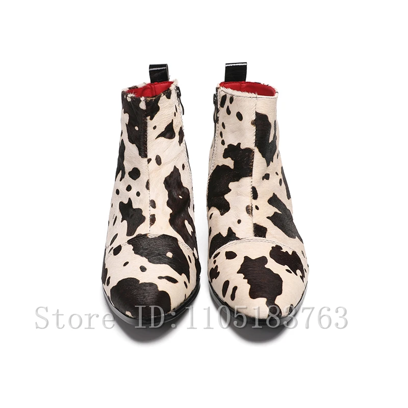 Men New Cow Print Ankle Boots Pointed Toe Side Zipper Booties, Rhinestone Studded Block Heel Fashion Party Dress Shoes