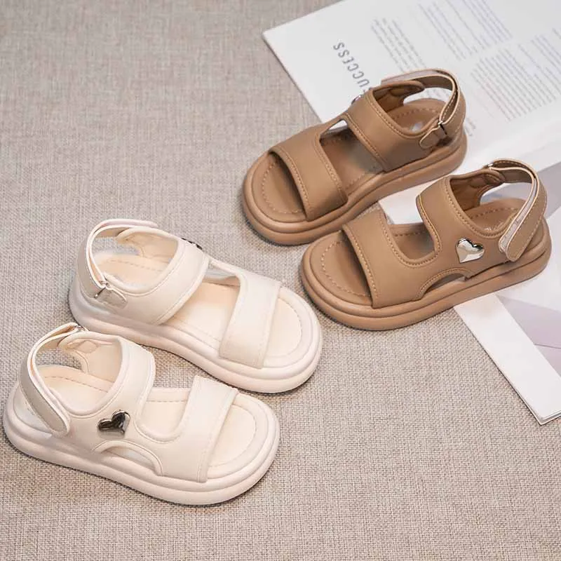 Girls Casual Sandals Open Toe Chiildren Summer Beach Shoes Kids Leather Sandals Simple Anti-Slippery All Match 2024 Summer New