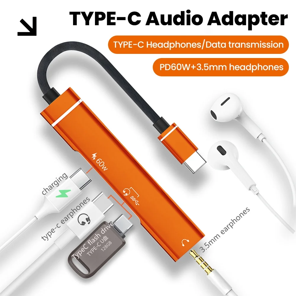 3-in-1 USB C HUB Extend to Type-C 60W Charging Adapter With Type C + 3.5mm Jack Audio Port Data Reading Transmission Converter