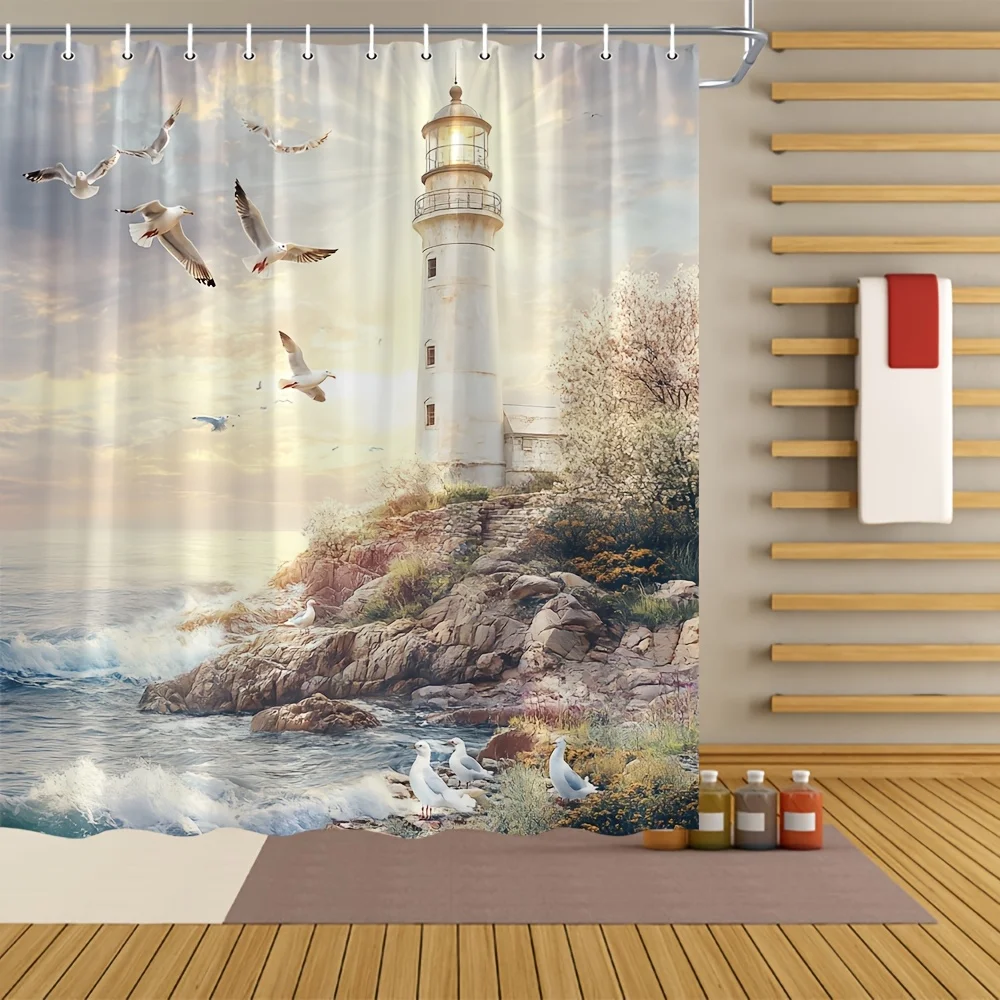 

Nautical Lighthouse Shower Curtain - Seagulls, Pigeons, Flowers, Coastal Decor, Polyester, Hand Wash, Marine & Garden Style