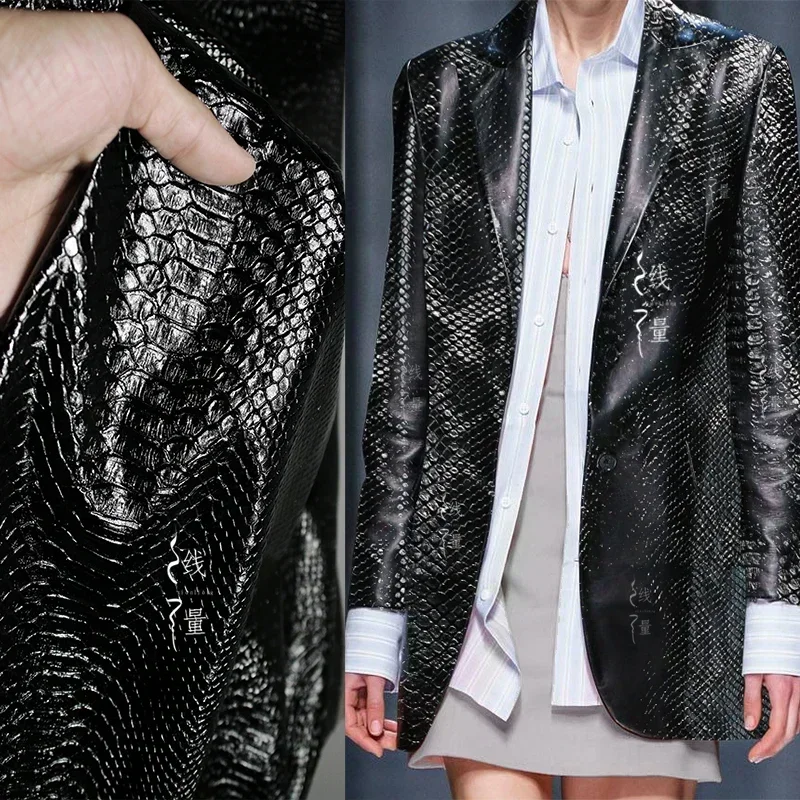 Snake skin pattern matte PU black leather Fabric for Diy Sewing Bag Coat Creative Fashion Clothing Design cloth for By The Meter