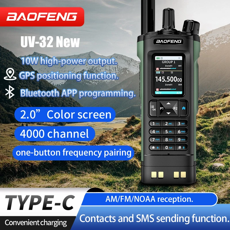 New BAOFENG UV-32 Walkie Talkie GPS 10W Bluetooth APP Programming Multi Band Wireless Copy Frequency Type-C UV32 Ham 2 Way Radio