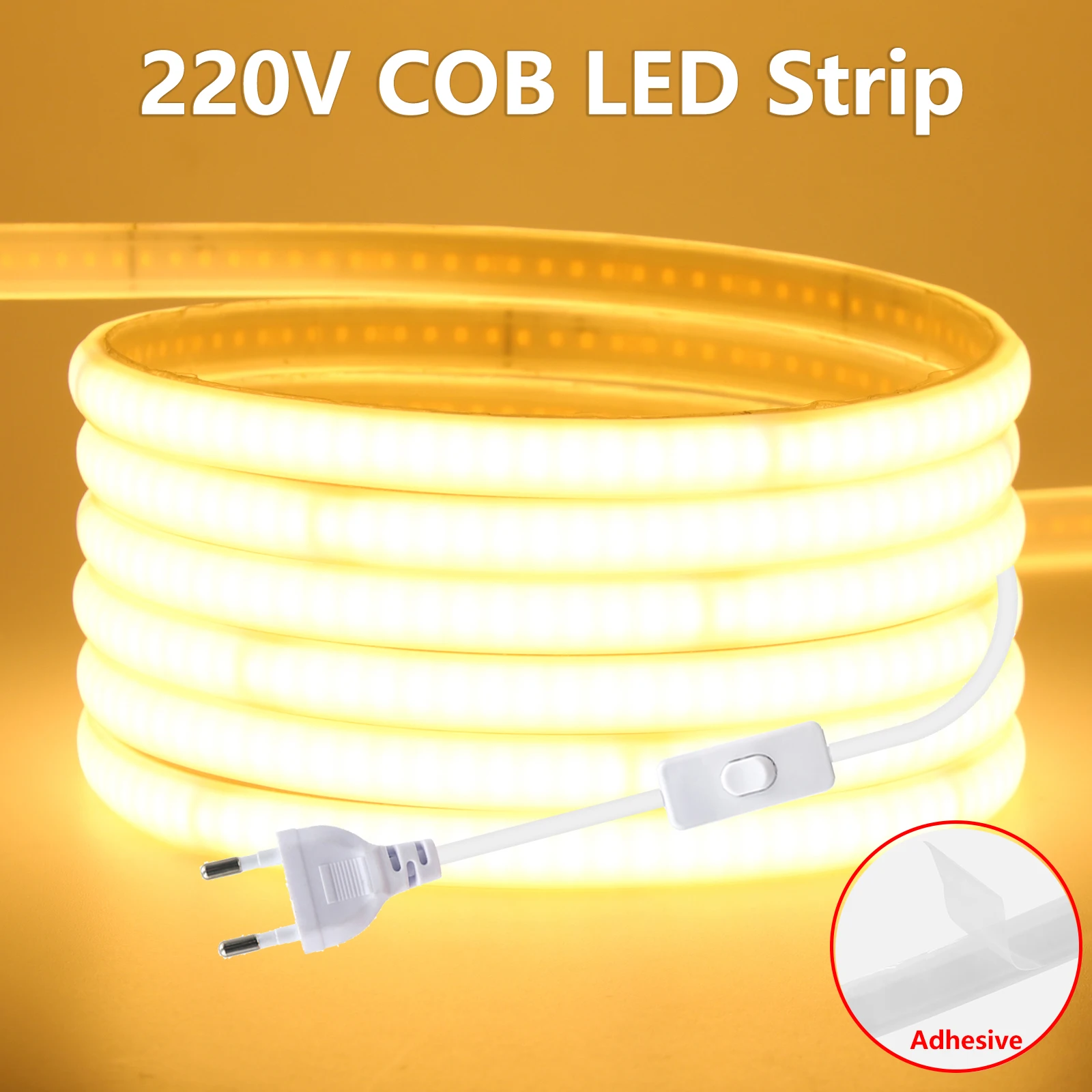 220V LED Strip with ON/OFF Switch Waterproof COB LED Strip Light Flexible Tape for Room Bedroom Kitchen Outdoor Garden Lighting