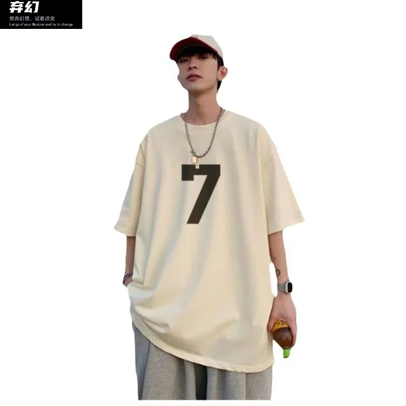 7 short -sleeved T -shirt men's summer trend heavy loose clothes American oversize small neckline half -sleeve