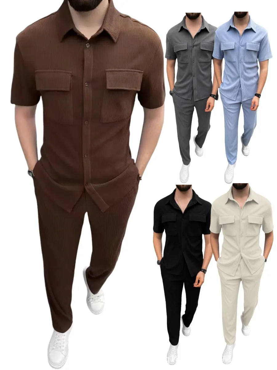 Men's Spring Summer Corduroy Short-Sleeved Shirt And Long Pants Set Casual Lapel Button Pocket Fashionable Two-Piece Outfit