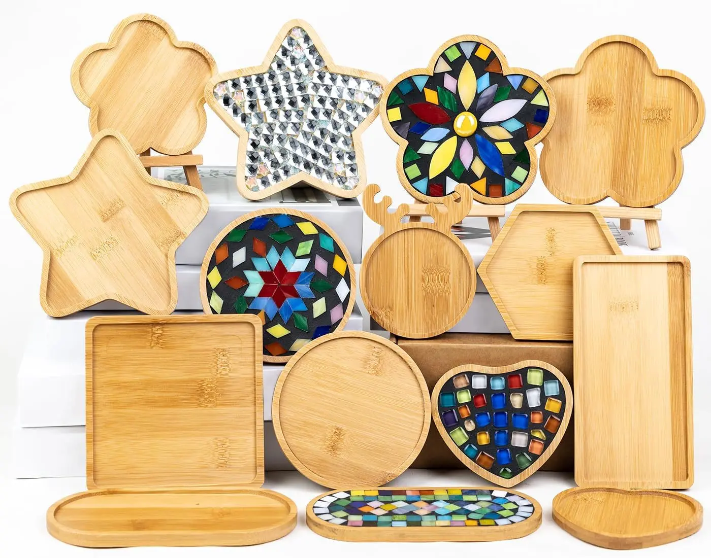 

DIY Bamboo Base Trays for Mosaic Art Craft Projects Handmade Coasters Home Decor Plate Table Centerpiece Decorative Display Kit