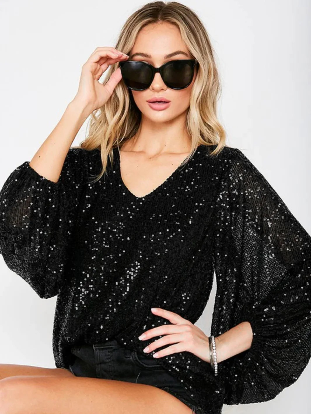 Women Casual Streetwear Lantern Sleeve Sexy Crop Tops Elegant Lady T-Shirts O-Neck Fashion Party Glitter Sequin Tees Shirt