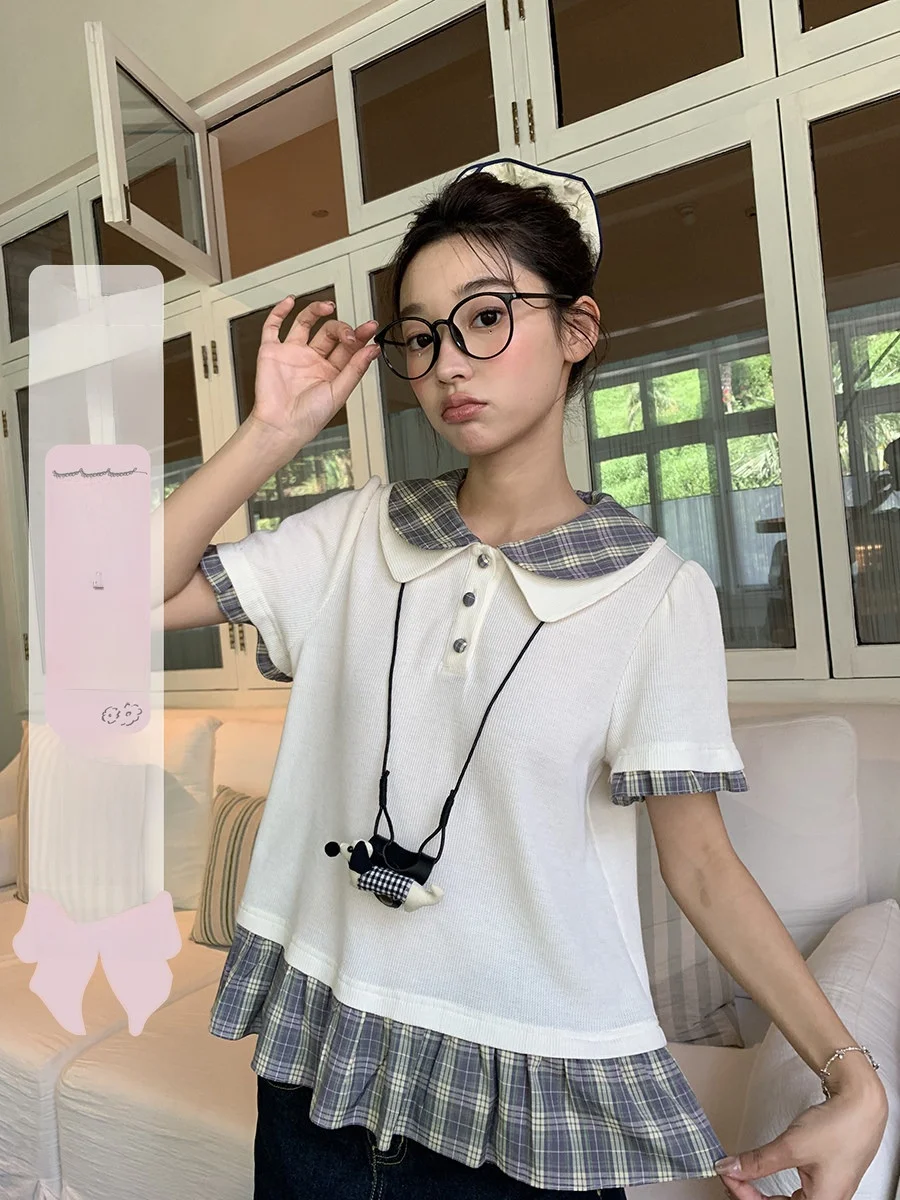 

Summer New Sle Women's ort Sve irt Jiang Jam Patchwork Plaid Color Blo Fake Two-Piece T-irt Cotton Pol...