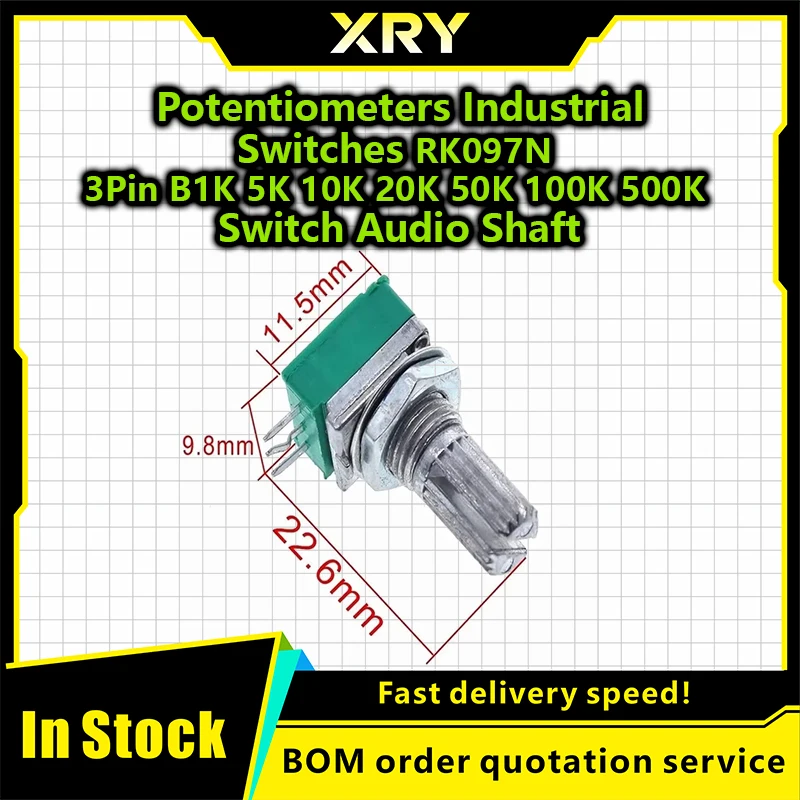 XRY 5Pcs Potentiometers Industrial Switches RK097N 3Pin B1K 5K 10K 20K 50K 100K 500K Switch Audio Shaft 15mm Amplifier Sealing