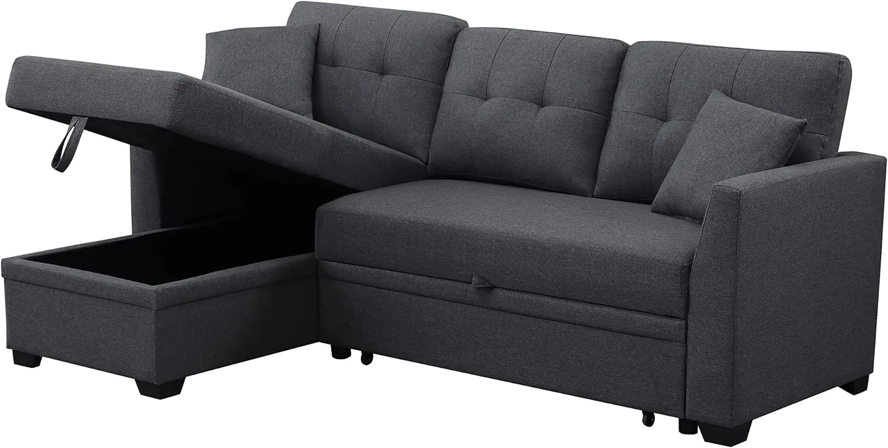 

Modern 3 Seat Pull Out Couch Sofa 3 Seat Sleeper Couches, L-Shape Sectional Sofa with Storage Chaise in Dark Gray