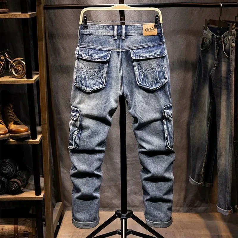 2025 Spring and Autumn Fashion Trend Retro Straight Leg Multi-Pocket Jeans Men's Casual Loose Comfortable High Quality Trousers