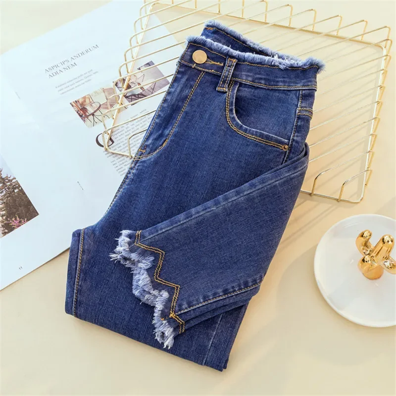 

Stretch Jeansy High Waist Tassel Pencil Jeans Women's Casual Slim Ankle-length Denim Pants Korean Vaqueros Leggings Pantalones