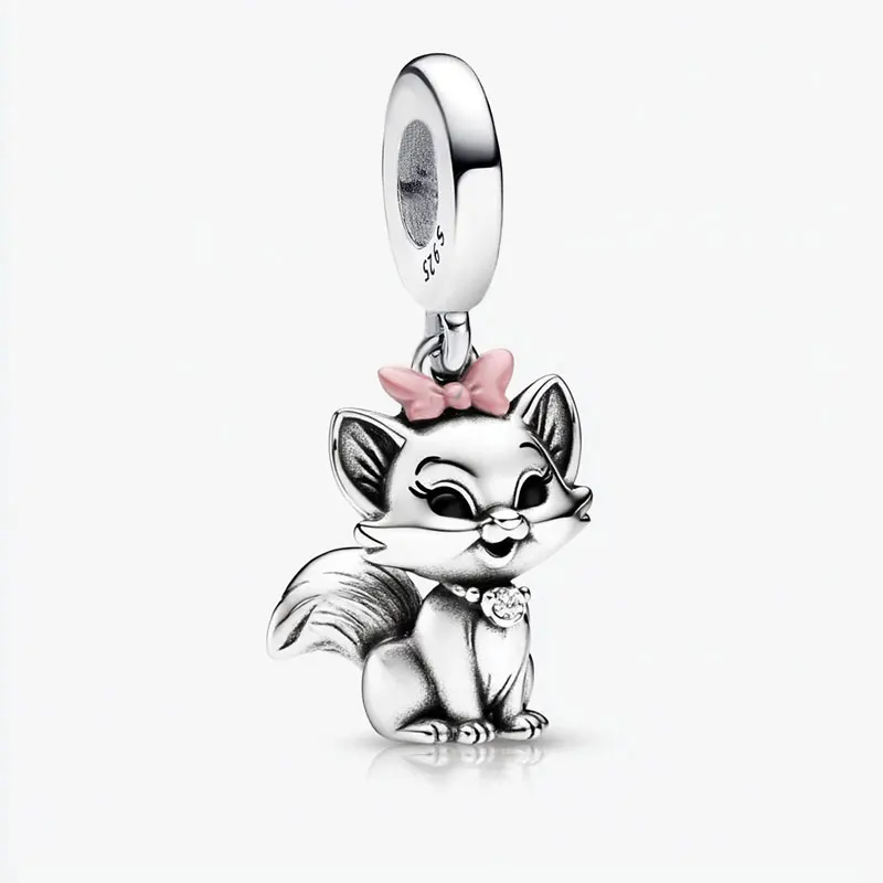 

Customized Beads Engraved Pendant 925 Sterling Silver Charm Disney Cartoon animal fox pink bow for DIY Bracelet Fine Jewellery