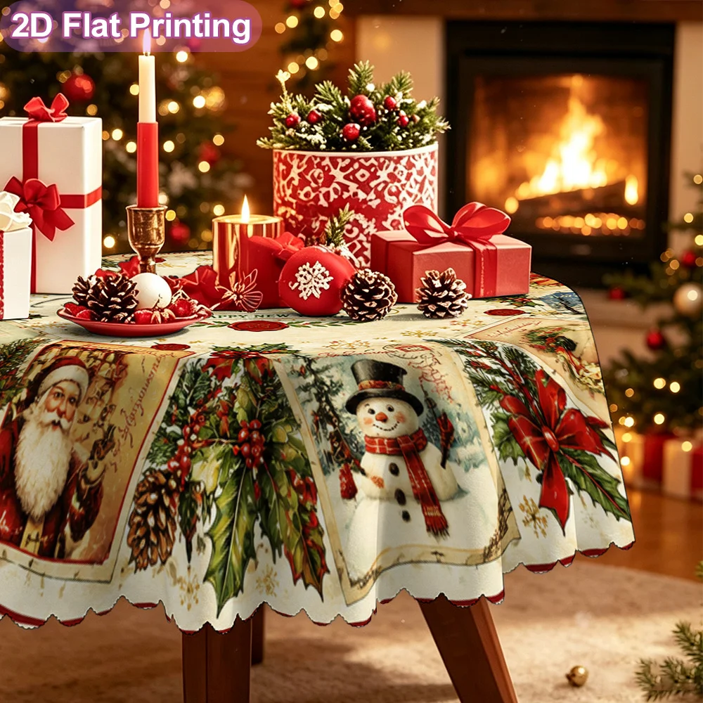 2D flat monolithic round tablecloth, Merry Christmas retro postcard carpet print holiday tablecloth
