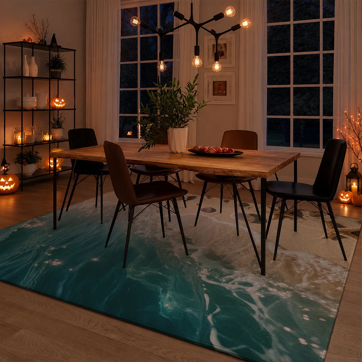 Large Indoor Area Rug, Soft Velvet Low Pile with Non-slip Dotted Backing, Machine Washable Coastal Ocean Beach Scene Rug Featuring Seashell & Wave Pattern for Living Room, Bedroom, Family Room Home Floor Decor