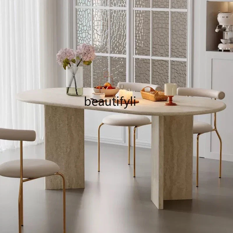 

Modern simple living room travertine dining table oval size apartment household wabi-sabi style advanced sense