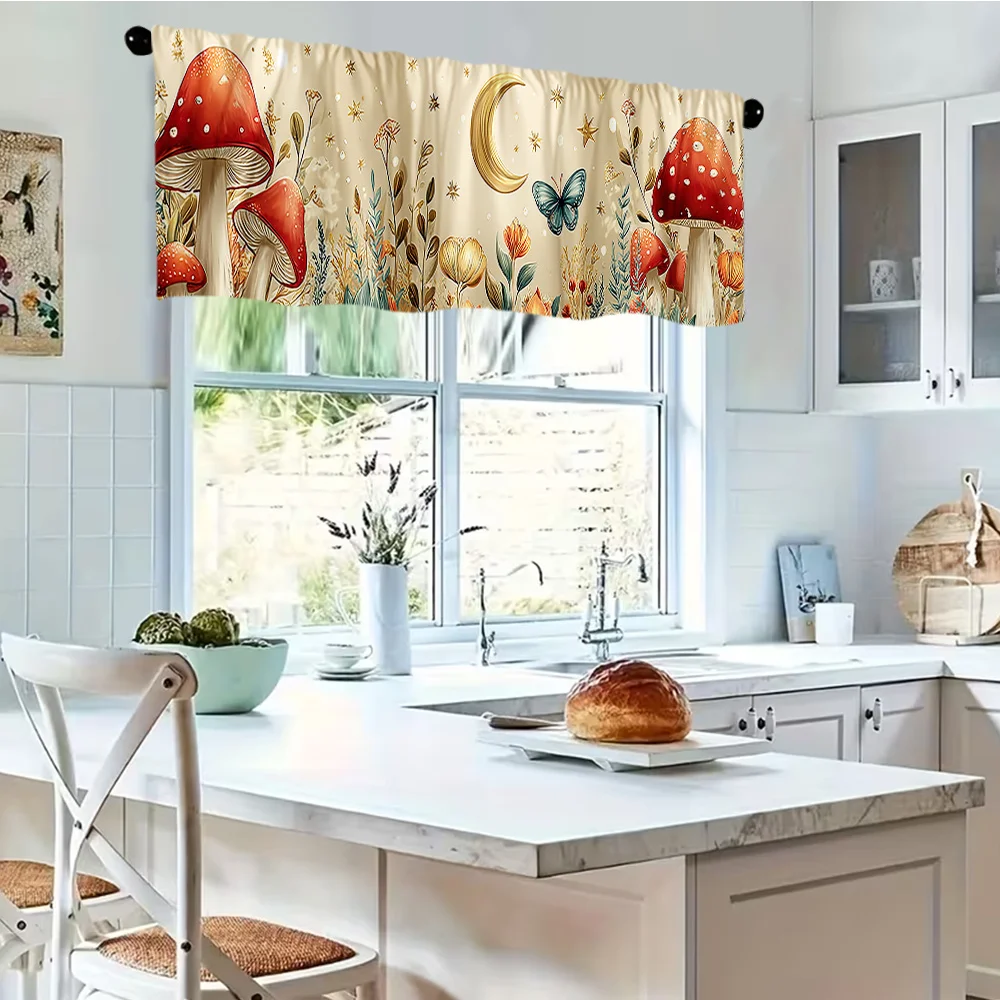 1pc Printing Mushroom Garden with Moon Valance Curtain, Rod Pocket Design, Easy Installation, Suitable for Kitchen, Bathroom