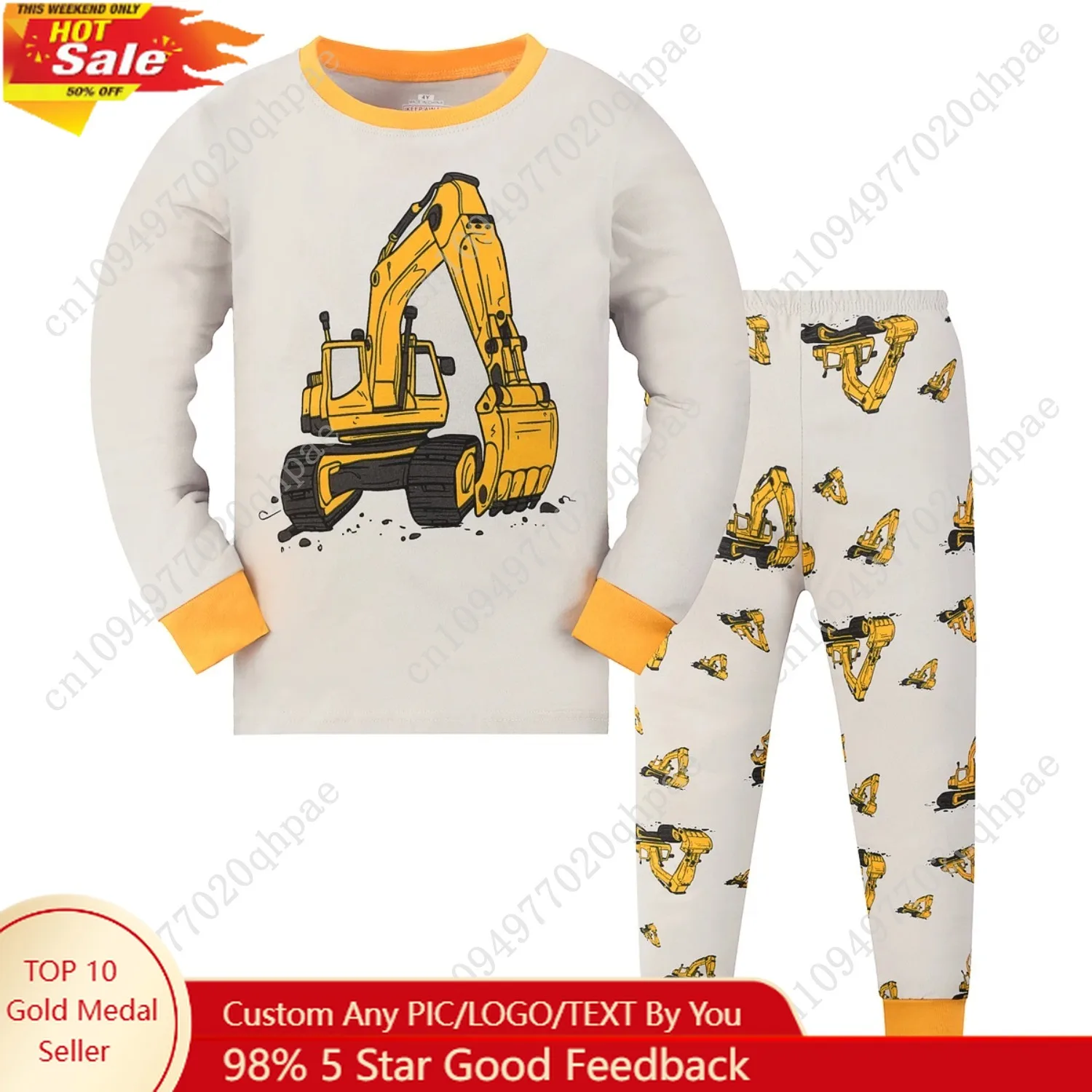 

Cartoon excavator printed long-sleeved and long pants pajama set for boys, suitable for boys aged 2 to 9