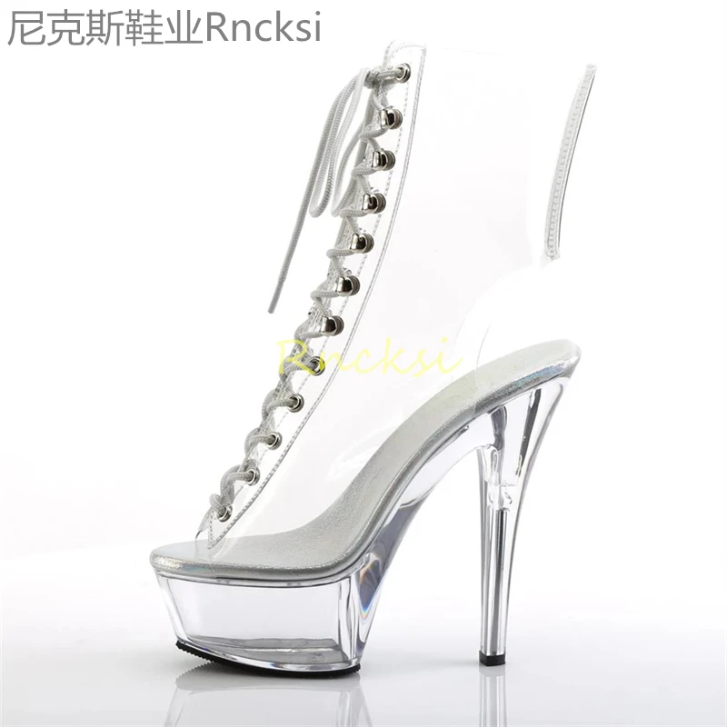 15cm women\'s low fall shoes boots summer transparent ultra high heel knight boots straight leather heel high boots