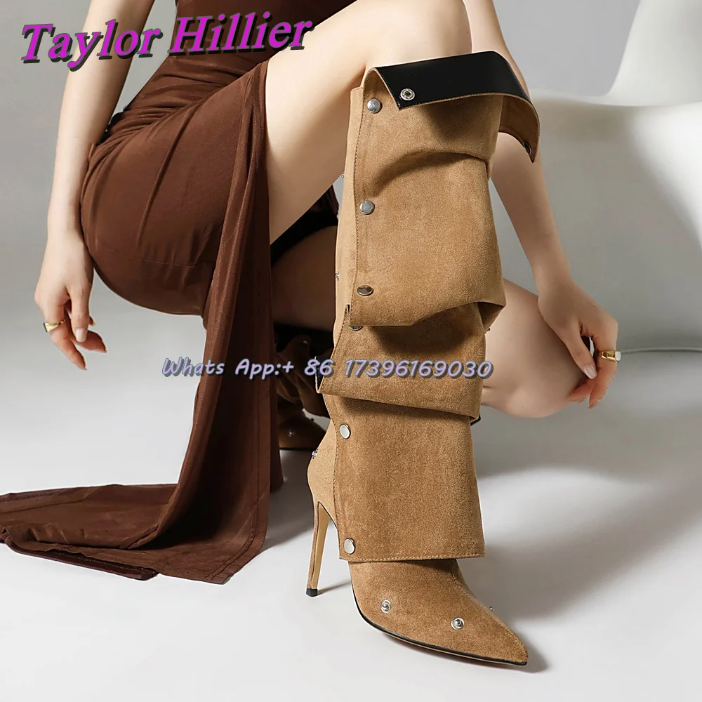 Turn-Over Pleated Boots Pointed Toe Rivets Knee-High Sexy Women Dress Dating Solid Stiletto High Heel 2025 Fashion Winter Shoes