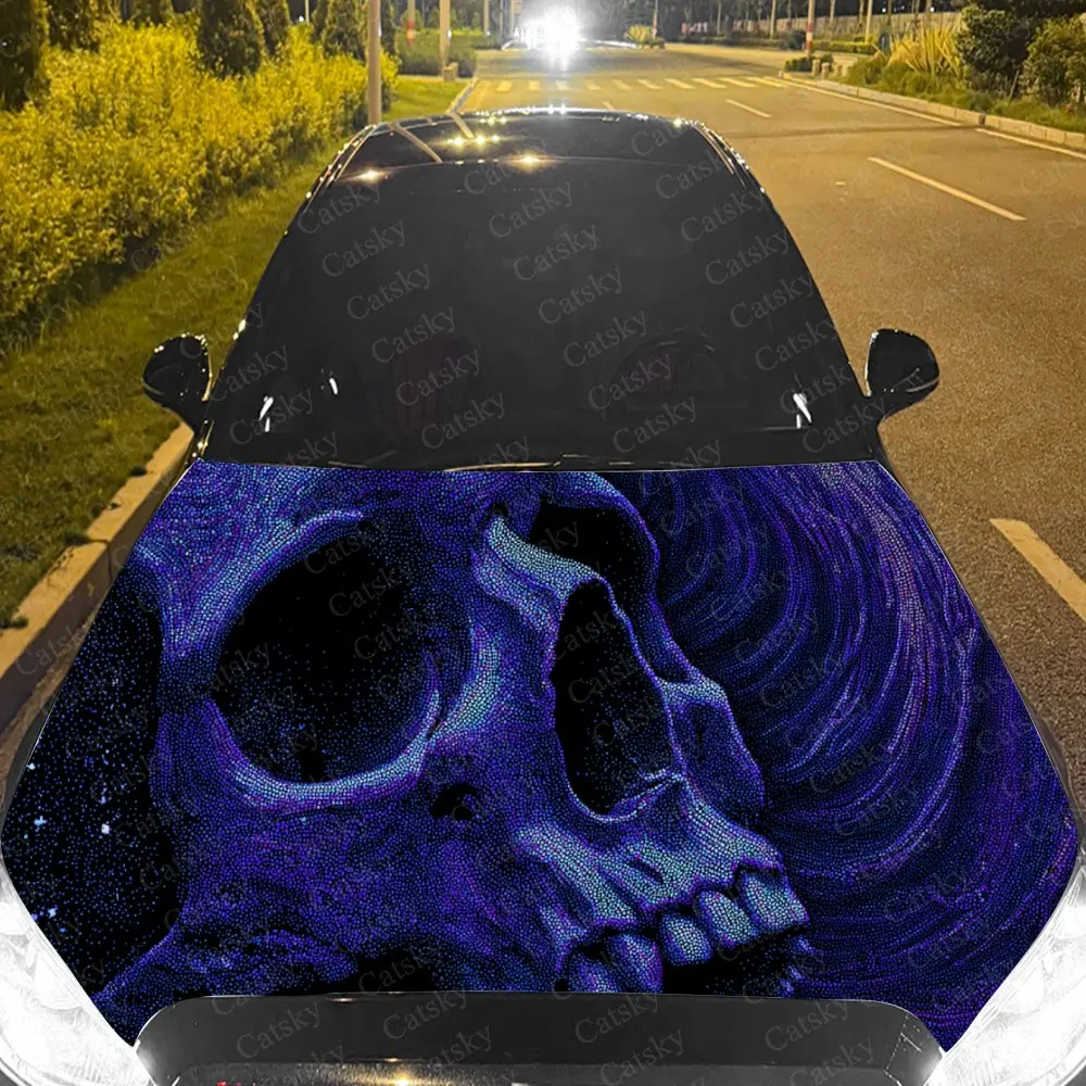 Car Decal Purple Skull with Swirling Textural Artistic Fusion Design, Creating a Mysterious and Hypnotic-Gothic Visual Car Hood