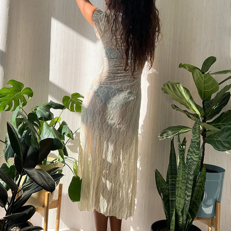 Verão novo puro para mulheres sexy menina quente em torno do pescoço manga curta split tanque vestido longo