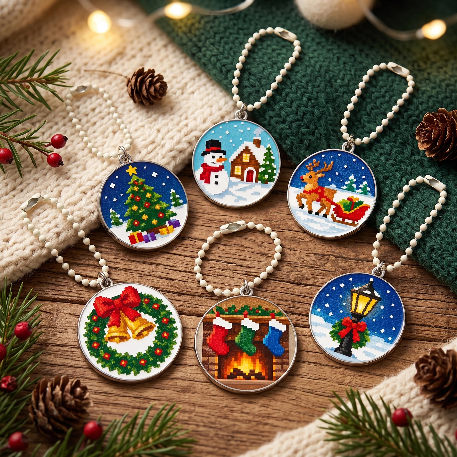 6Pcs Cross Stitch Pendant Kit 10cm Plastic Canvas Keychain DIY Embroidery Beginner Set with Threads Needles Tools