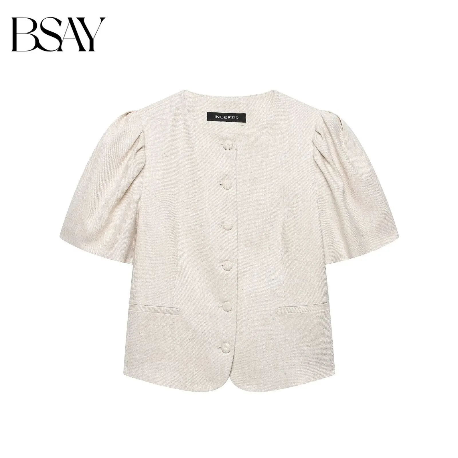 

BSAY 2026 Summer New Beige French Blazer Women Round Neck Puff Sleeve Single-Breasted Slim Fit Casual Office Jacket Coat
