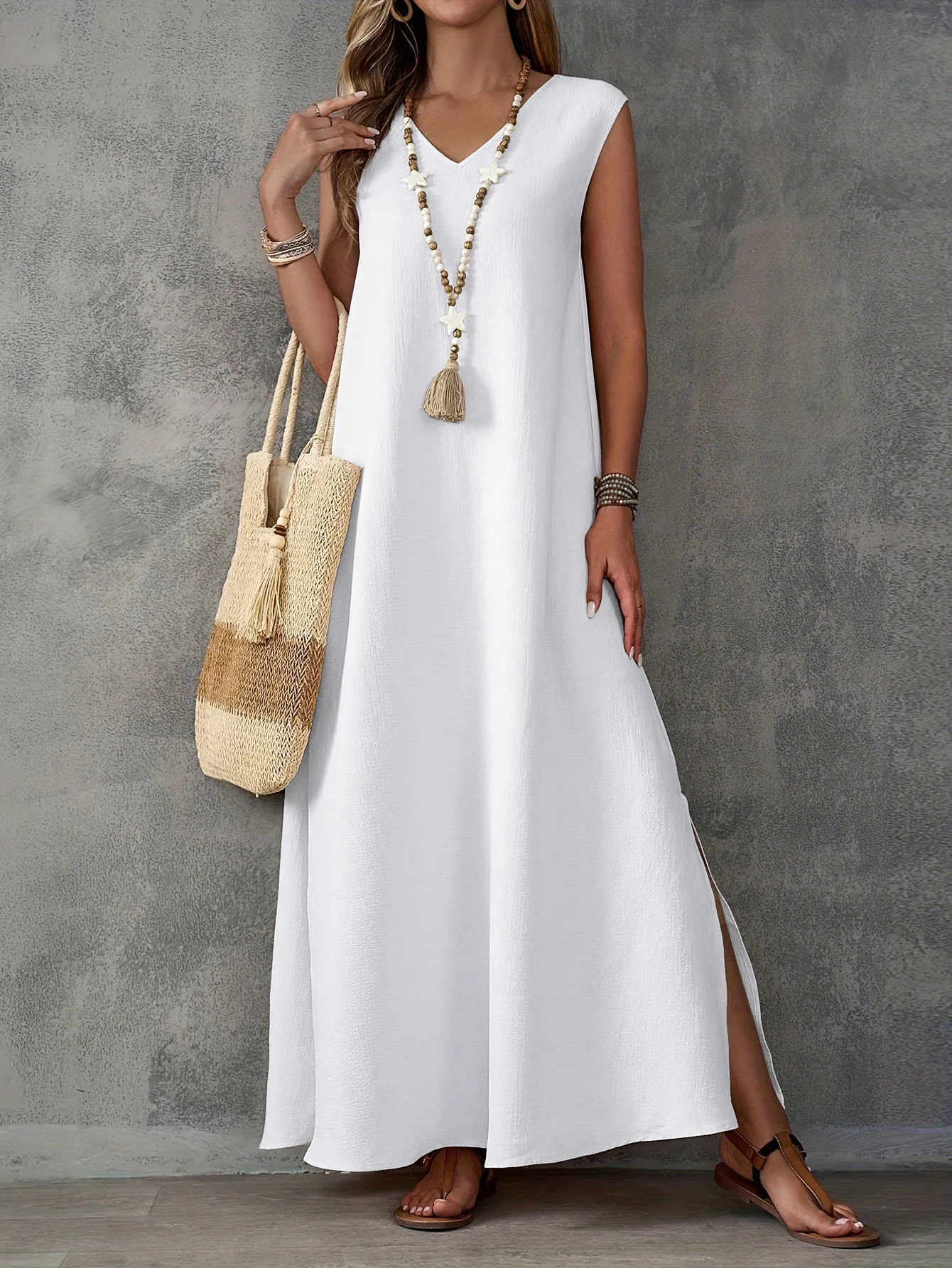 Casual solid color V-neck sleeveless side slit long dress women 2025 summer loose boho dress for women