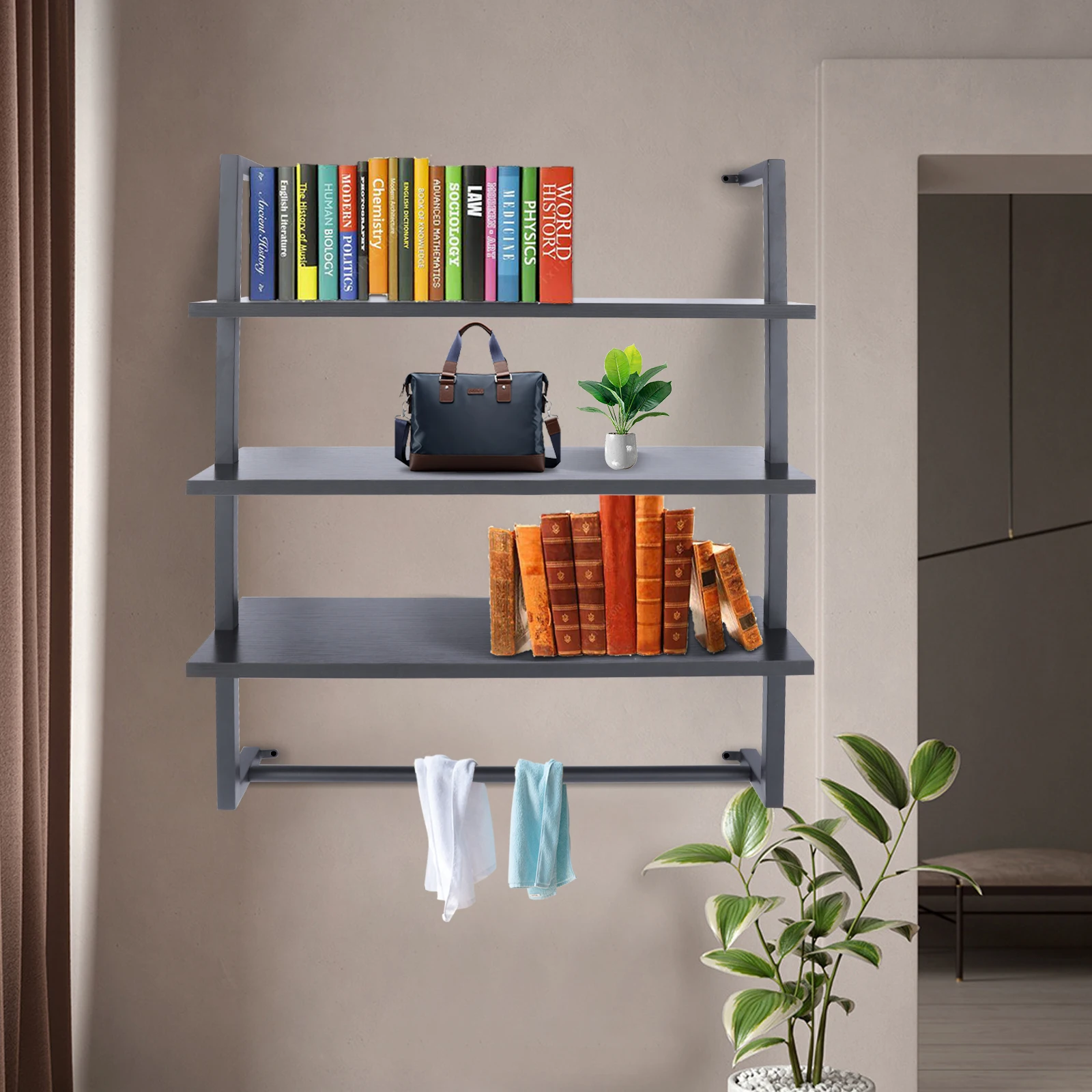 55lbs 3 Tiers Industrial Tube Towel Rack Bathroom Storage Shelf w/ 6 Hooks, Waterproof Bathroom Shelf 25kg