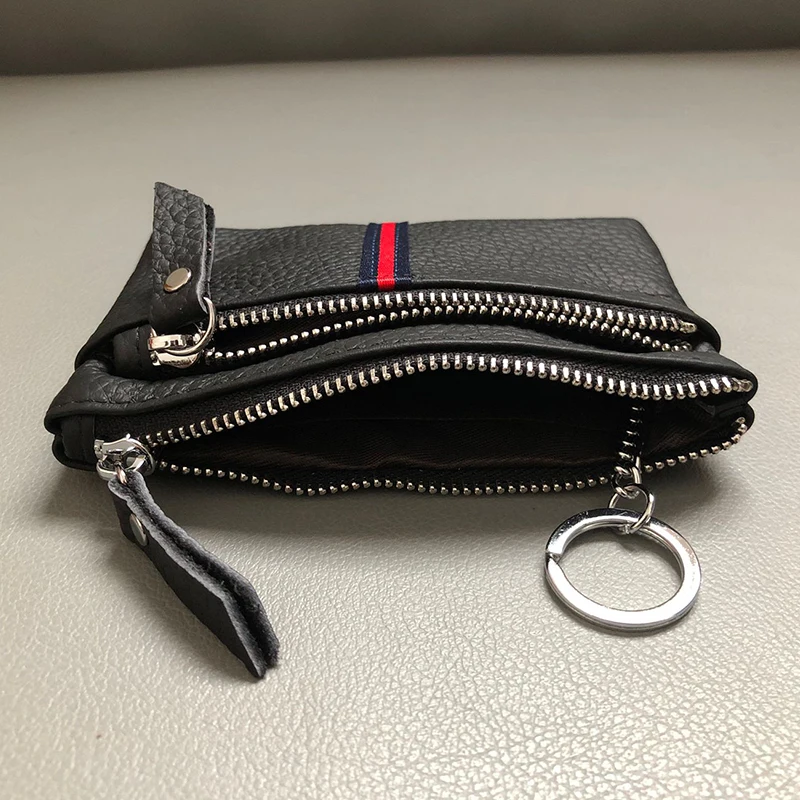Women Short Small Wallets Card Holder ID Bag Coin Purse Ladies Genuine Leather Female Double Zipper Key Ring Chain Money Bag New