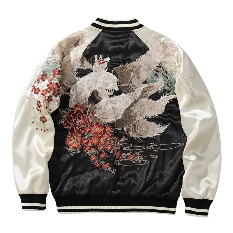 New Men Boys High Street Sukajan Souvenir Jacket Nine Tailed Fox Peony Embroidered Pilot Bomber Letterman Varsity Award Vintage