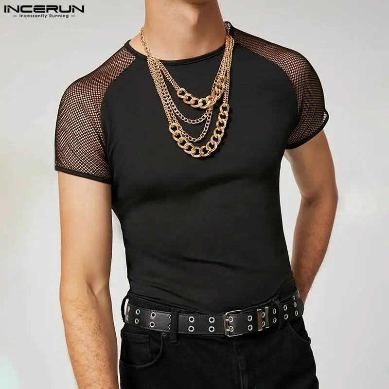 2024 Men T Shirt Mesh Patchwork O-neck Short Sleeve Summer Casual Tee Tops Men Sexy Streetwear Stylish Camisetas S-5XL INCERUN