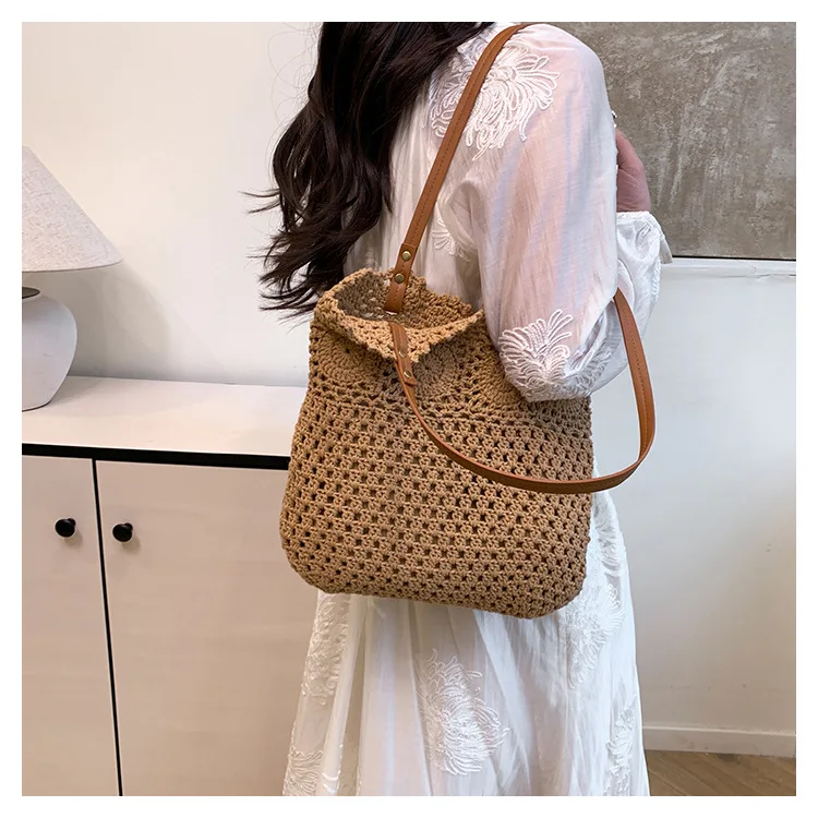 

Korean Lazy Style Hollow Out Cotton Rope Woven Bag Large Capacity Crochet Tote 2026 Summer Beach Holiday Shoulder Bag