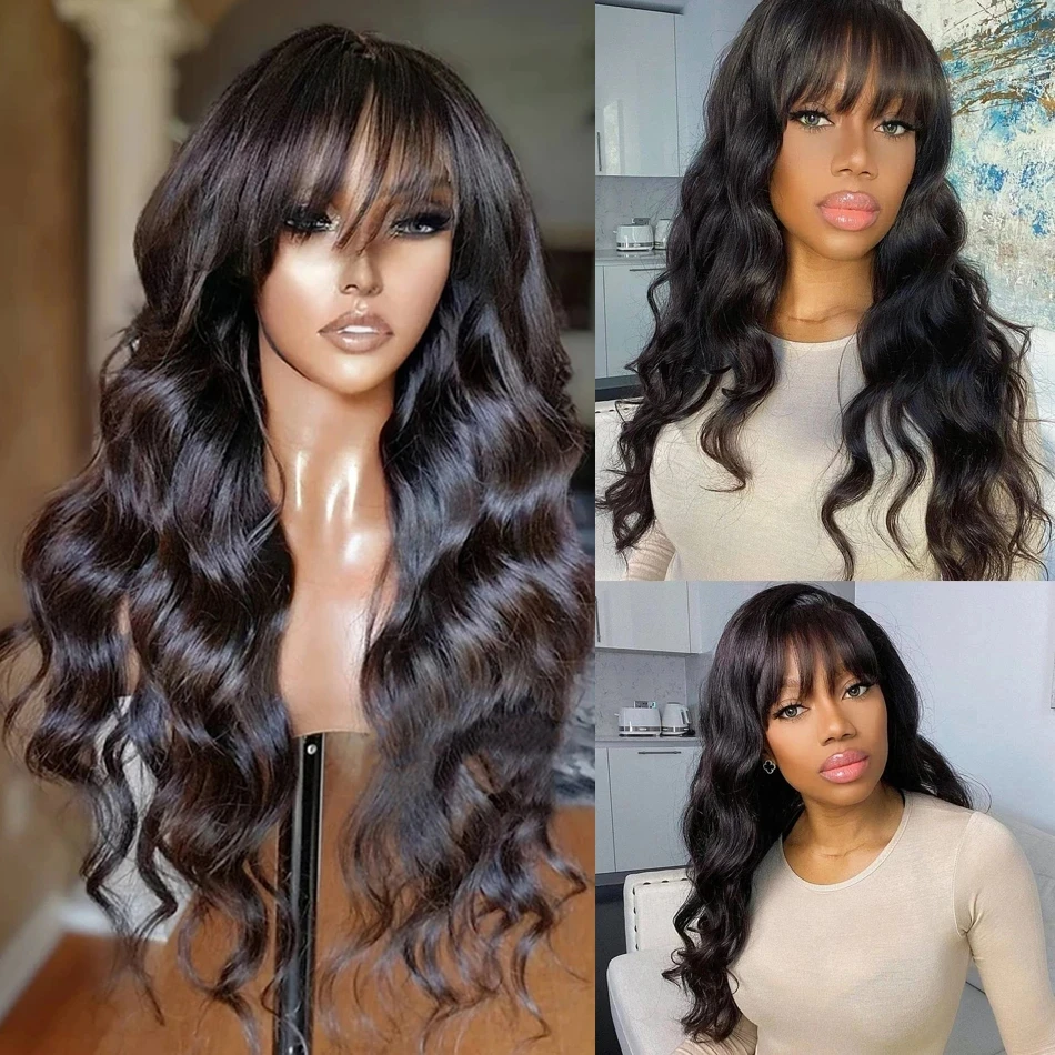 30 Inch Body Wave Wig 3x1 Full Machine Made With Bangs Human Hair 200 Density Wig Loose Human Hair Body Wave Wig For Women