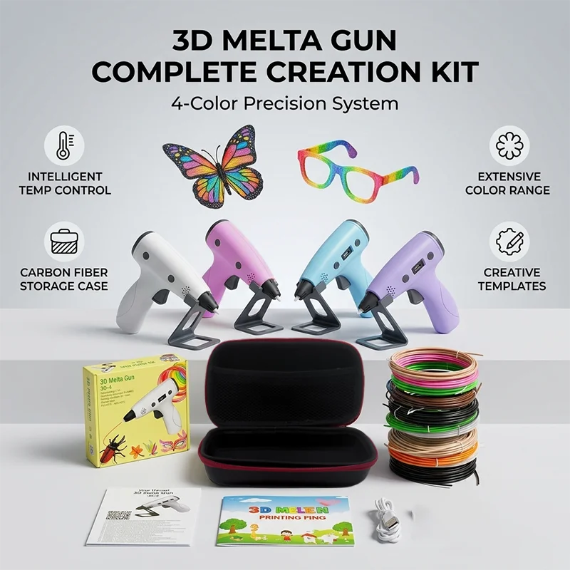 New 3D Printing Pen Gun Set Includes 9M of Pla Filament Drawing Booklet and Storage Case DIY Educational Toy for Kids