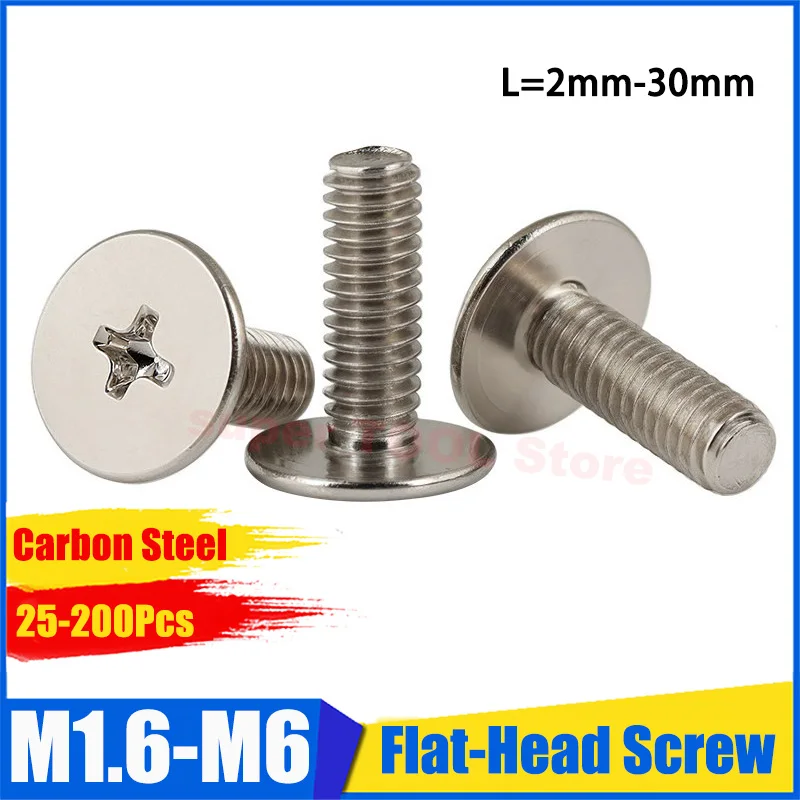 200Pcs M1.6 M2 M2.5 M3 M4 M5 M6 CM Large Ultra Thin Flat Head Phillips Cross Machine Screw Carbon Steel Electronic Fastener Bolt