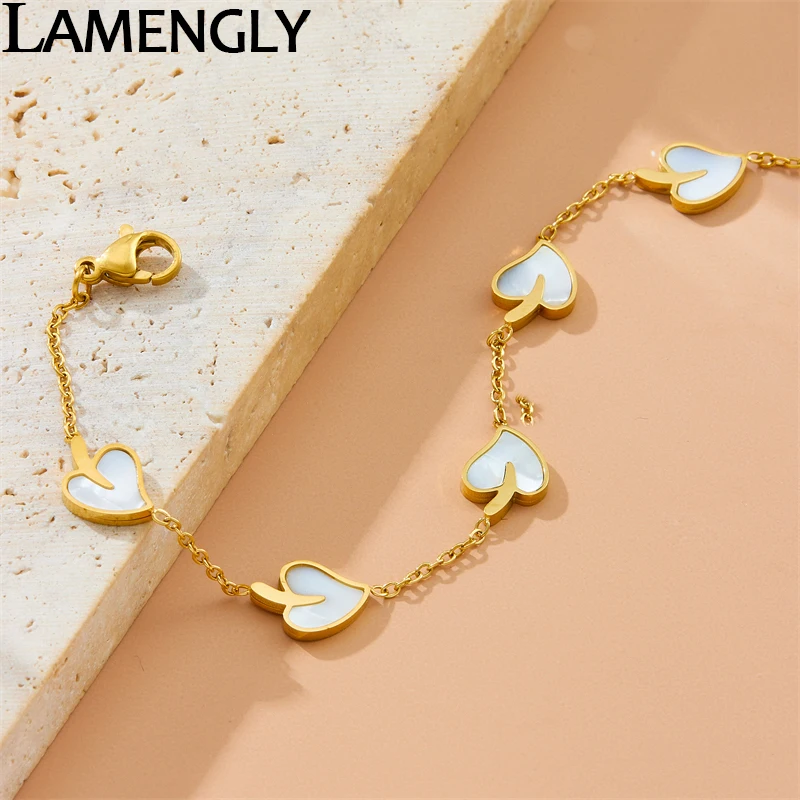 LAMENGLY 316L Stainless Steel Trendy Fun 5 Peach Shell Series Bracelet For Women Girl Novel Elegant Wrist Chain Jewelry Gifts