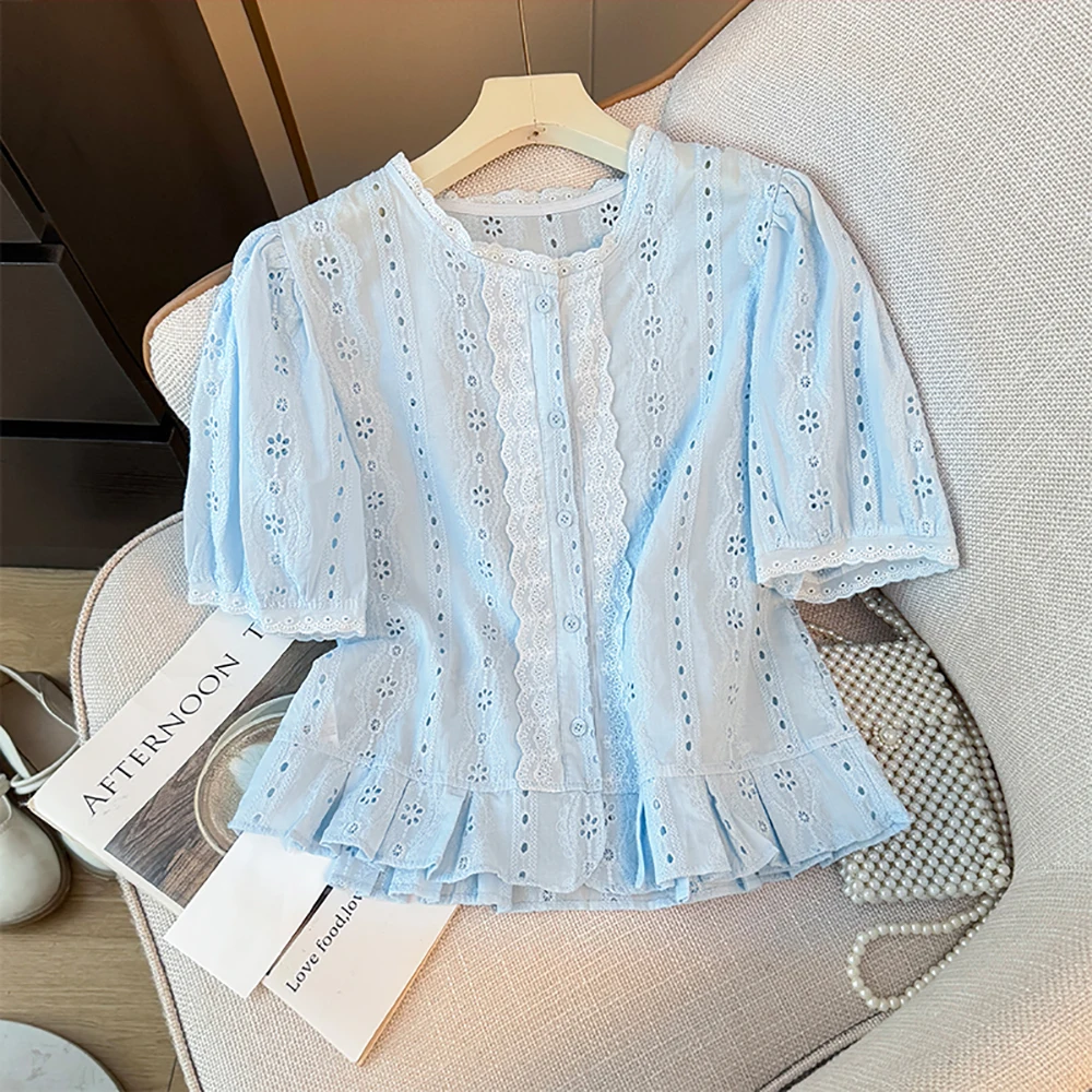 

Women Vintage Lace Patchwork Shirt Summer O-Neck Single Breasted Short Sleeve Hollow Out Blouses Casual All-Match Shirts