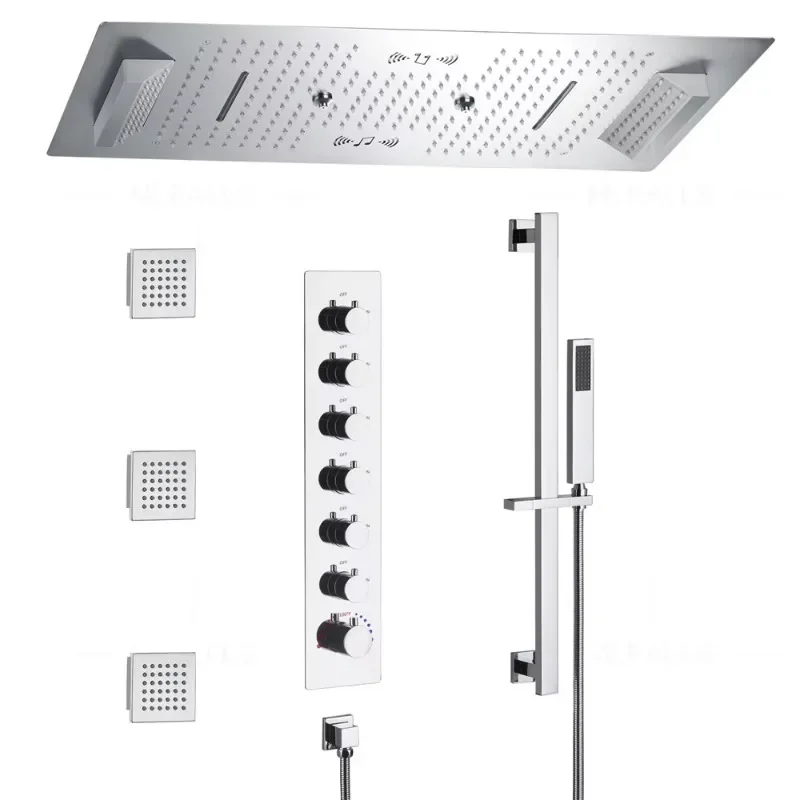 Luxurious Music Large Thermostatic 64 LED  Colors Rainfall Shower System Six Functions Shower Faucet Set